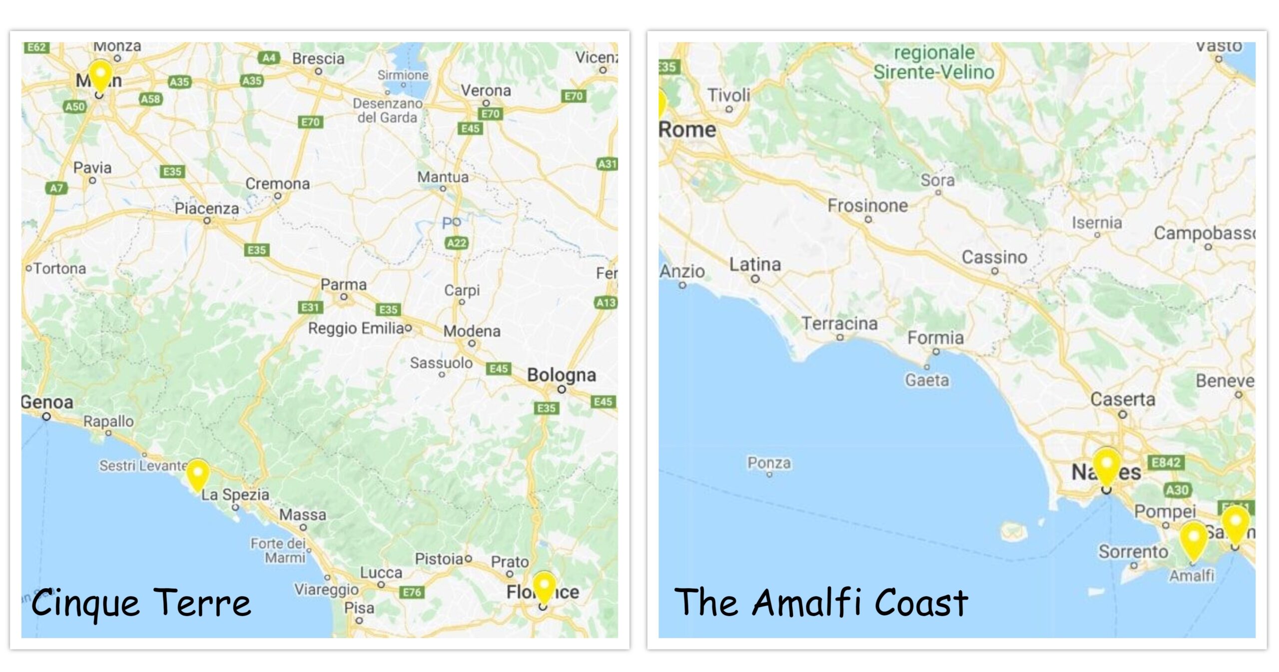 Location and access for Amalfi and Cinque Terre